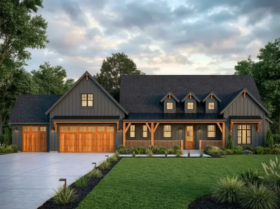 Moody modern farmhouse facade with dark gray board-and-batten, black shingle roof, and rich wood accents