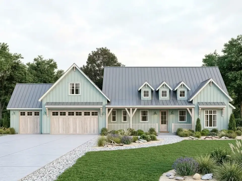 Coastal cottage farmhouse facade with robin's egg blue siding, white trim, gray standing-seam metal roof, and lavender plantings