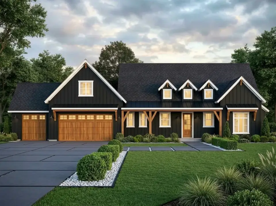 Dramatic black farmhouse facade with black board-and-batten, black roof, warm wood accents, and formal boxwood landscaping