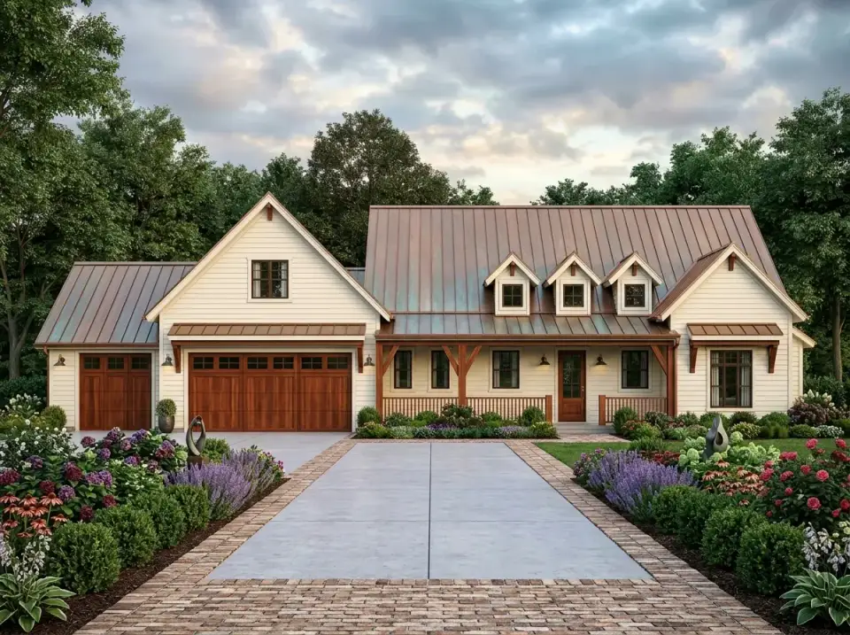 Classic farmhouse facade with white board-and-batten, brown shingle roof, aged copper porch accents, and herringbone brick pathway