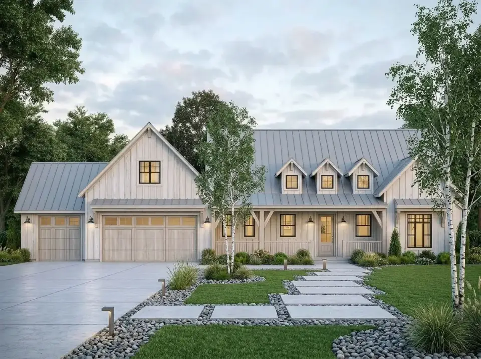 Scandi-industrial farmhouse facade with light gray vertical siding, full gray standing-seam metal roof, and birch tree groupings