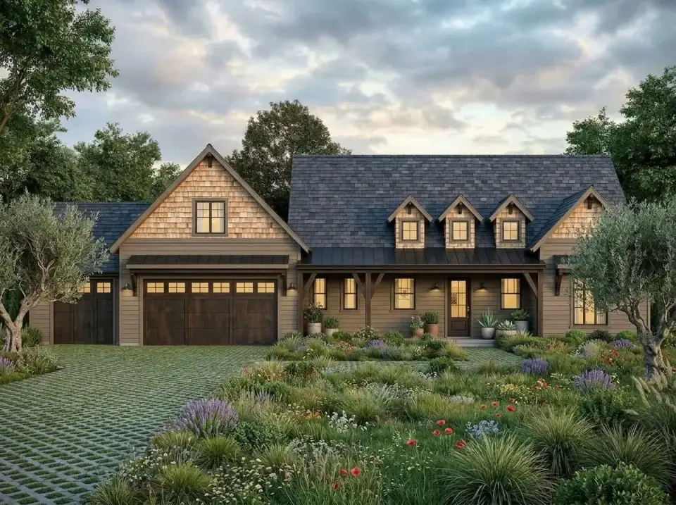 Rustic Craftsman farmhouse facade with olive green horizontal siding, cedar shake gables, and wildflower meadow landscaping