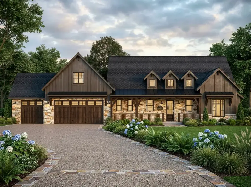 Mountain Craftsman farmhouse facade with stone veneer base, dark gray board-and-batten, and woodland fern plantings