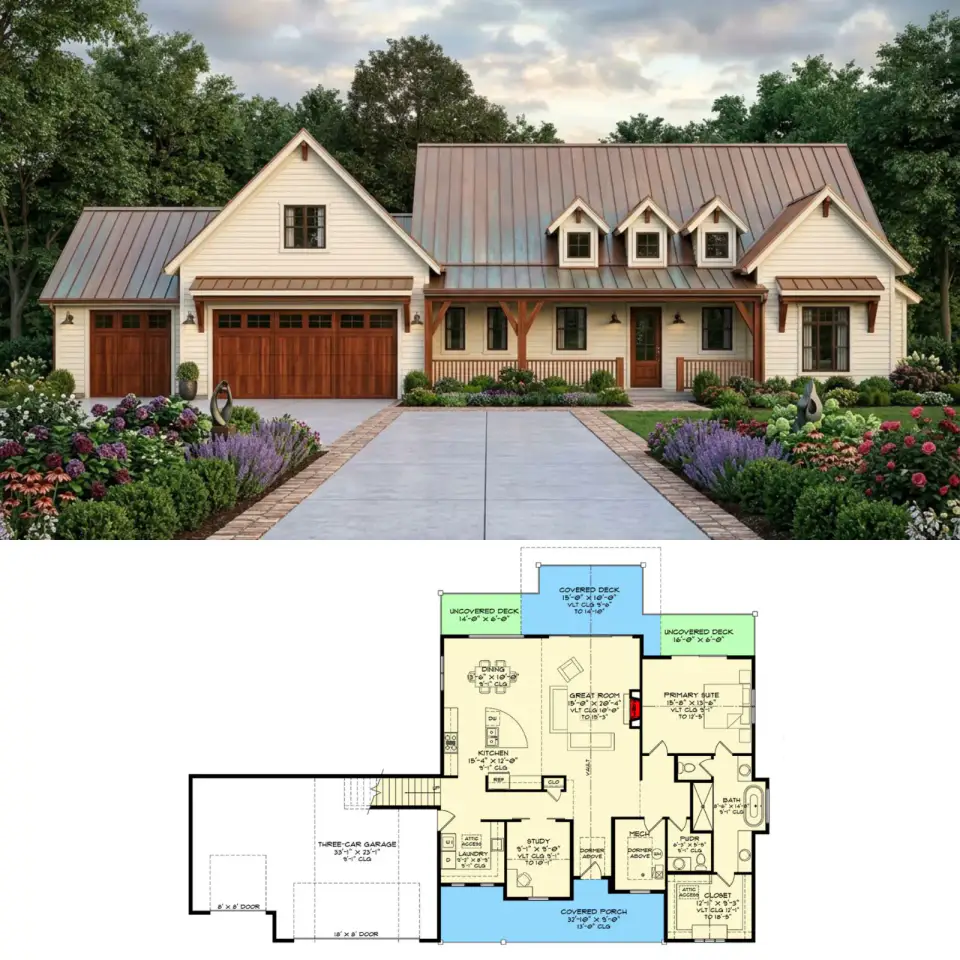Flexible Modern Farmhouse with 3-Car Garage