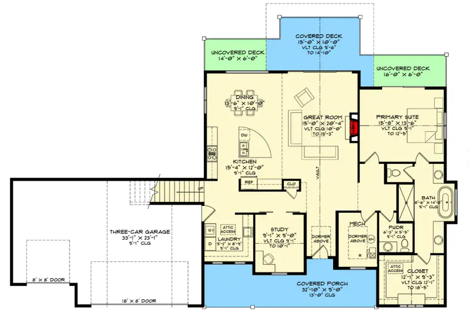 Main level floor plan with vaulted great room, kitchen island, primary suite, study, and three-car garage