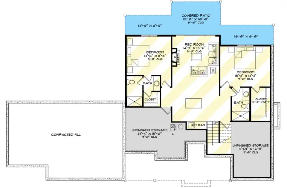 Finished basement floor plan with recreation room, wet bar, two bedrooms, and full bath