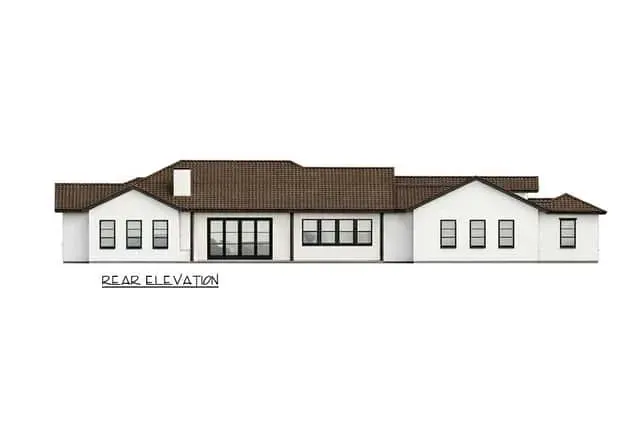 Mediterranean Spanish house plan landscape integration with arched garage portal