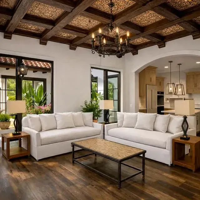 Mediterranean Spanish house plan living room with exposed beams and arched openings