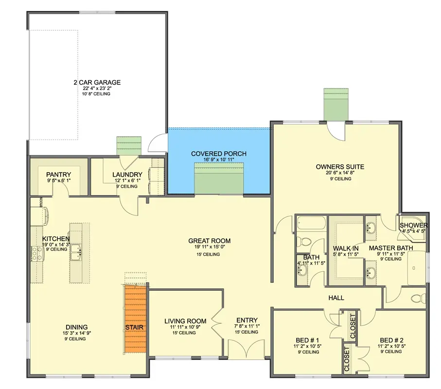 Main level floor plan of the modern farmhouse with split-bedroom layout and open great room