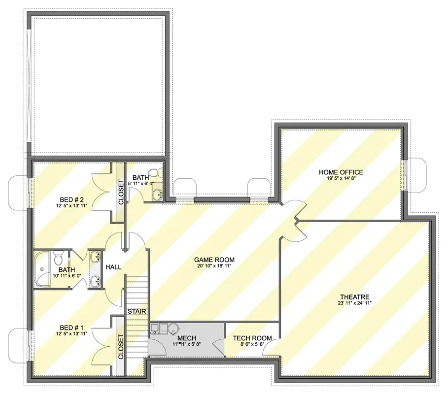Optional finished basement floor plan with game room, home theater, office, and two bedrooms