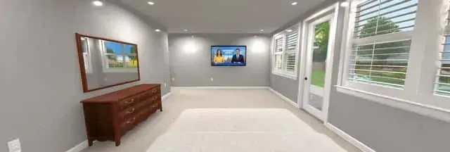 Library-style home office in the basement level