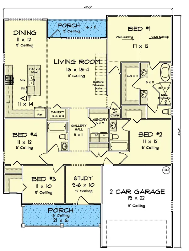 Main level floor plan of 4-bedroom single-story modern farmhouse plan 52551WM with split bedrooms and open living core