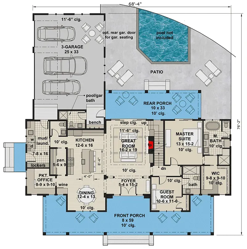 Main level floor plan showing open great room, kitchen with island, walk-through pantry, main-floor master suite, guest suite, pocket office, and 3-car garage
