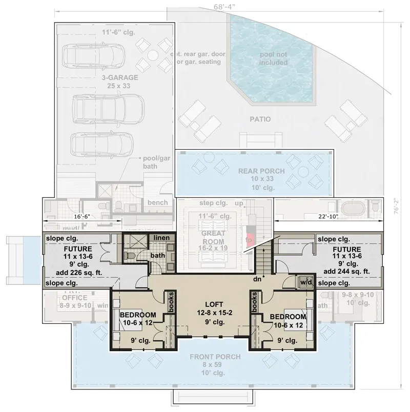 Second floor plan showing two bedrooms, loft, laundry, and two future bonus spaces totaling over 450 sq ft