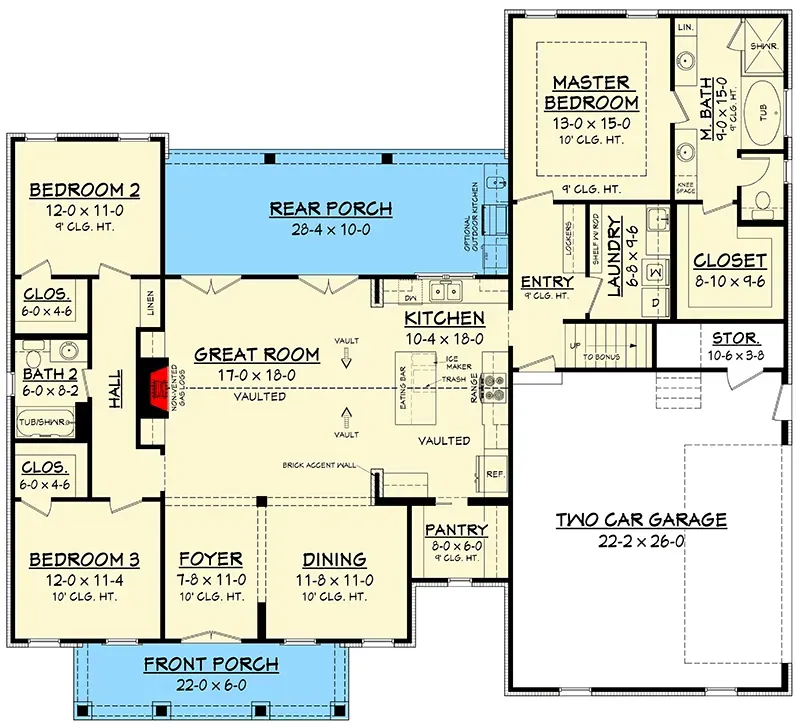 Main level floor plan of the 1,988 sq ft modern farmhouse 51772HZ showing split-bedroom layout, vaulted great room, walk-in pantry, and side-load two-car garage