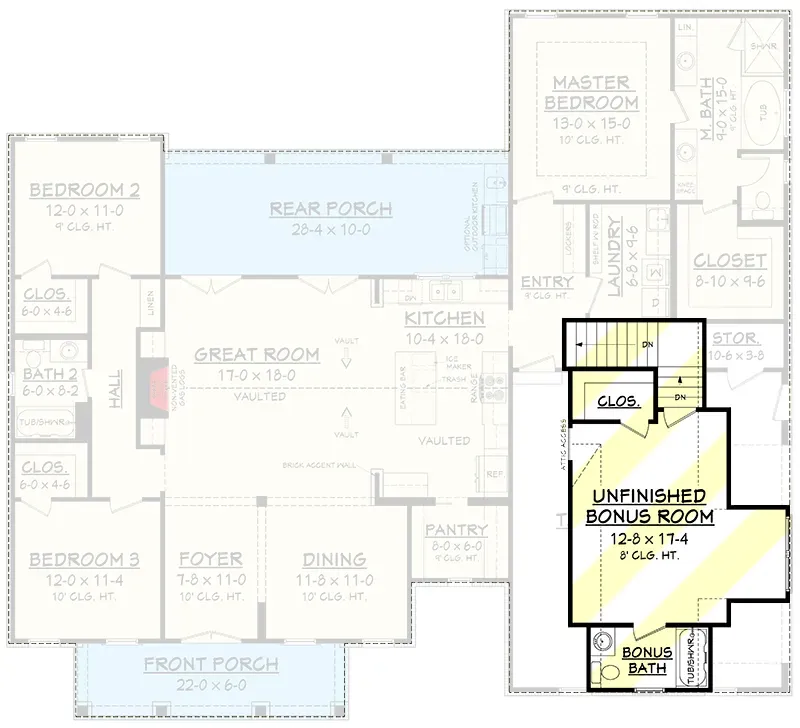 Bonus level floor plan showing the unfinished bonus room above the garage with rough-in for a future fourth bedroom, home office, or media space