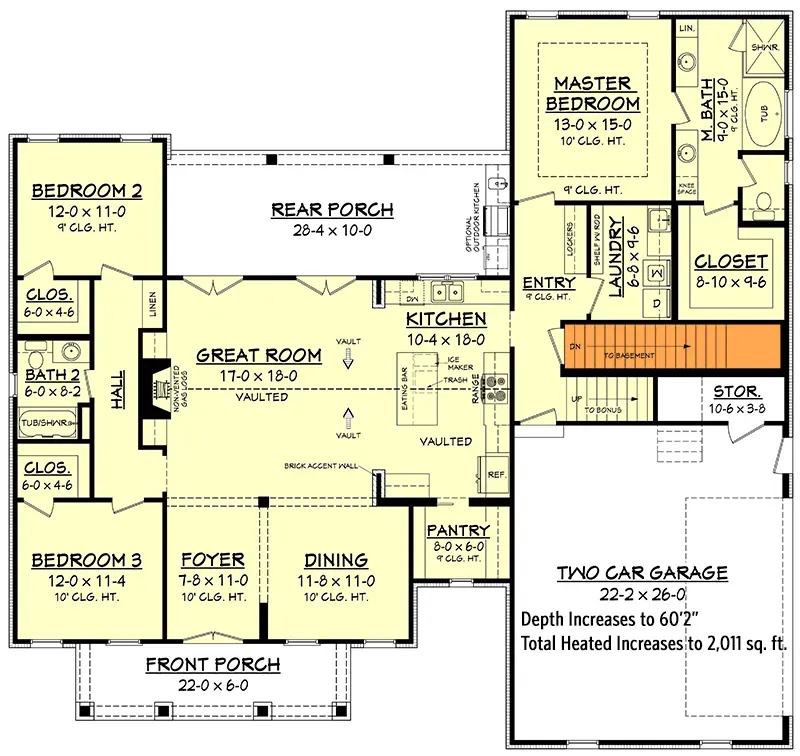 Alternate main level drawing with optional basement stair relocated into the central hallway for sloped-lot builds