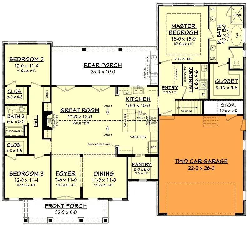 Alternate two-car front-load garage configuration suitable for narrower lots under 80 feet wide