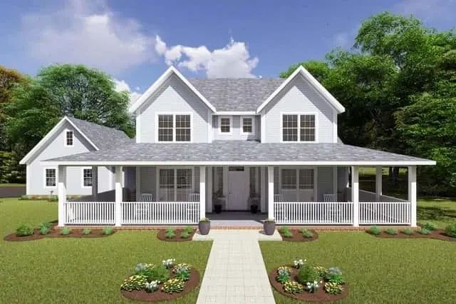 Plan 4122WM angled view showing wrap-around porch breezeway and attached barn-style three-car garage