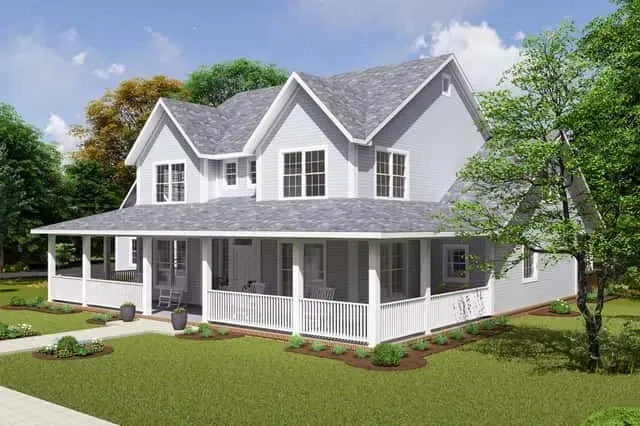 Plan 4122WM wrap-around porch detail with tapered columns and metal roof accent