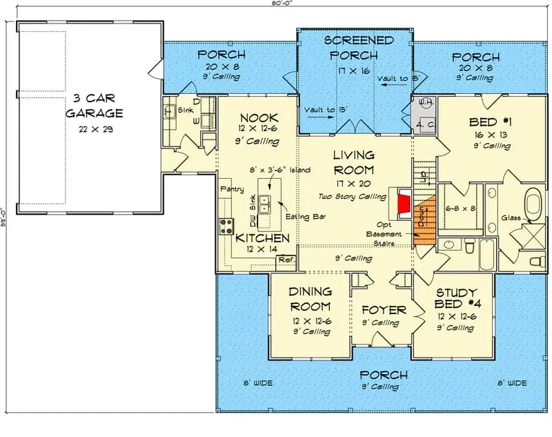Plan 4122WM main-level floor plan showing open living kitchen dining main-floor primary suite flexible study and three-car garage