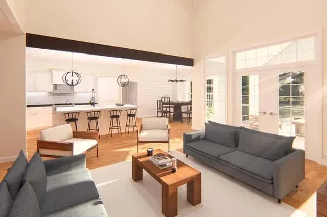 Plan 4122WM kitchen with large central island walk-in pantry shaker cabinets and farmhouse sink