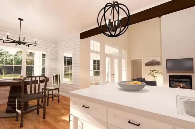 Plan 4122WM breakfast nook adjacent to kitchen with windows overlooking rear porch