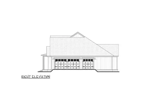 Overall massing view emphasizing the low, expansive single-story footprint and the balance between the main roofline and porch gables