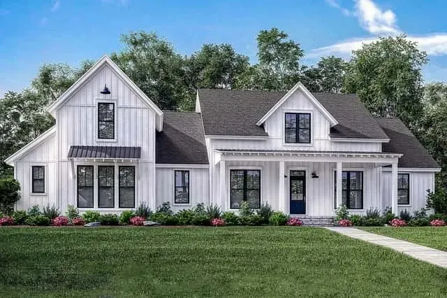 Alternate angle of modern farmhouse plan 51773HZ showing side-entry garage placement