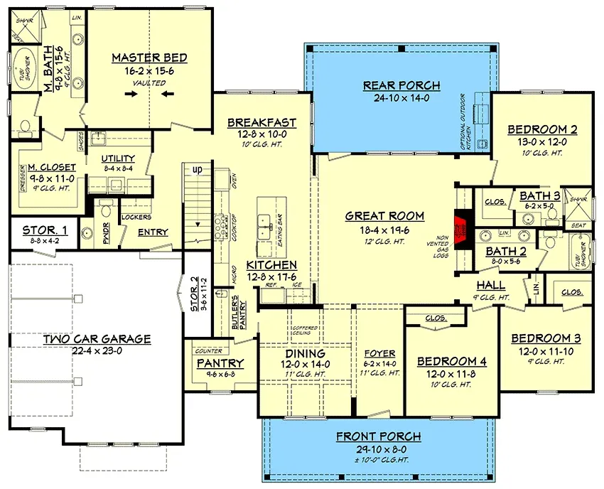 Main-level floor plan of 2,742 sq ft single-story modern farmhouse 51773HZ with split bedroom layout and great room