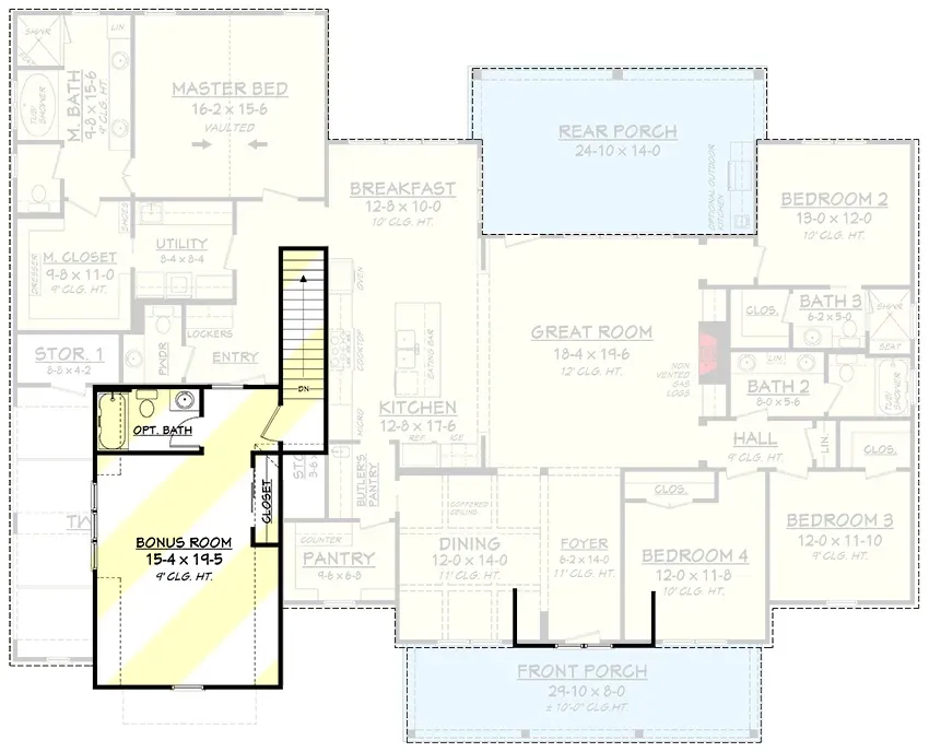 Bonus level over garage showing optional fifth bedroom or office with full bath for modern farmhouse plan 51773HZ