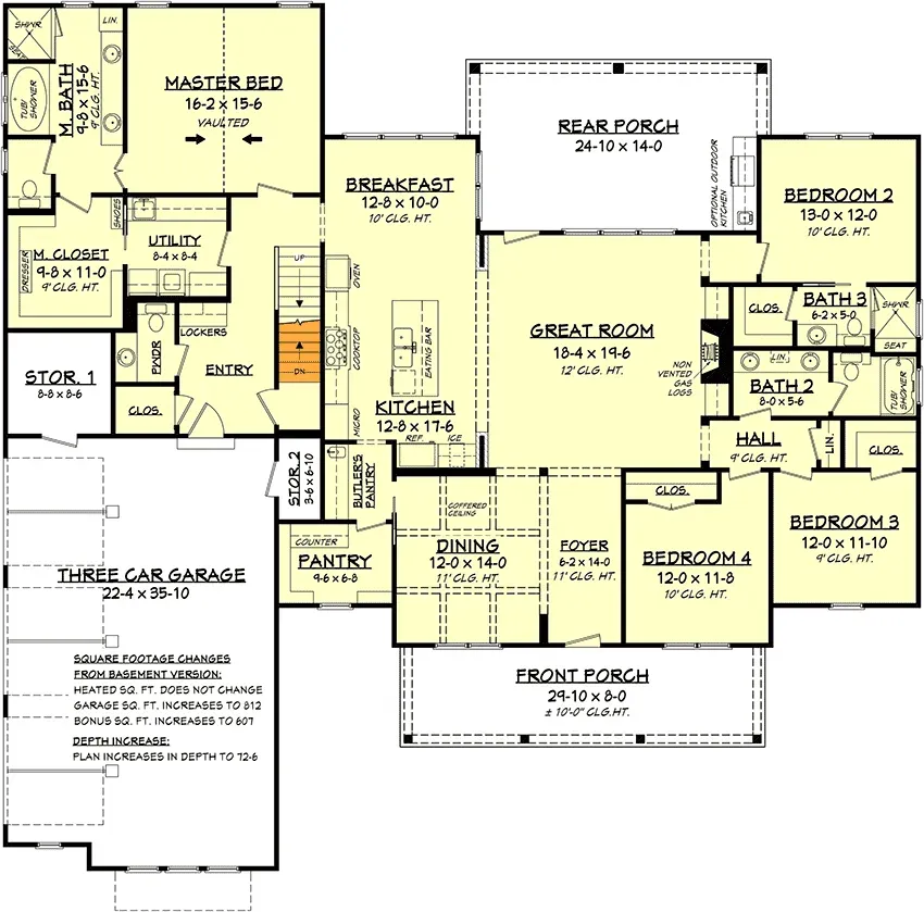3-car side-entry garage with basement option for modern farmhouse plan 51773HZ