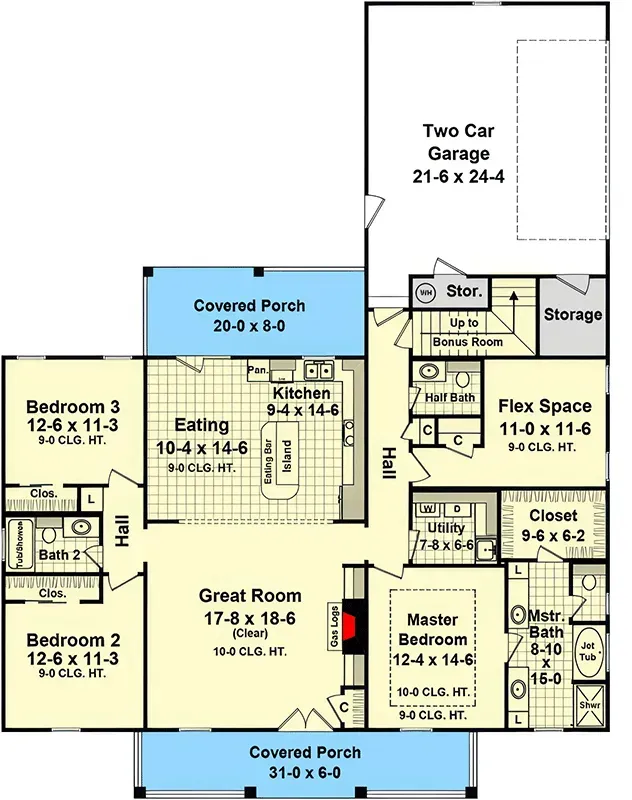 Main level floor plan for 1,888 sq ft three-bedroom French Country ranch with split bedroom layout, flex room, and side-entry garage