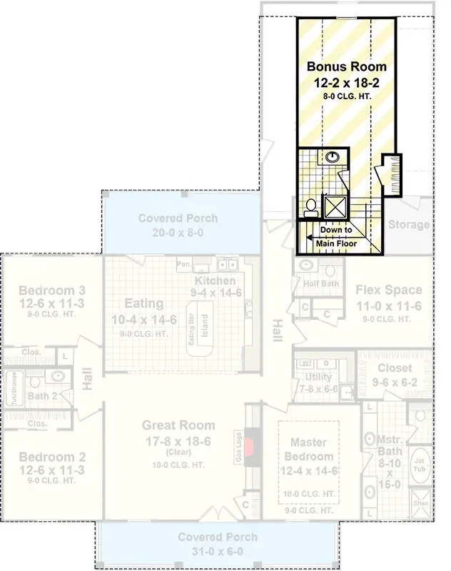 Optional second floor bonus room plan above two-car garage with rough-in for full bath and closet