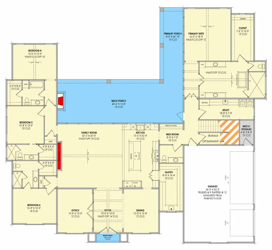 Main level floor plan of modern transitional house plan 818204JSS with foyer, office, dining, vaulted family room, kitchen, pantry, primary suite, three bedrooms and 3-car garage