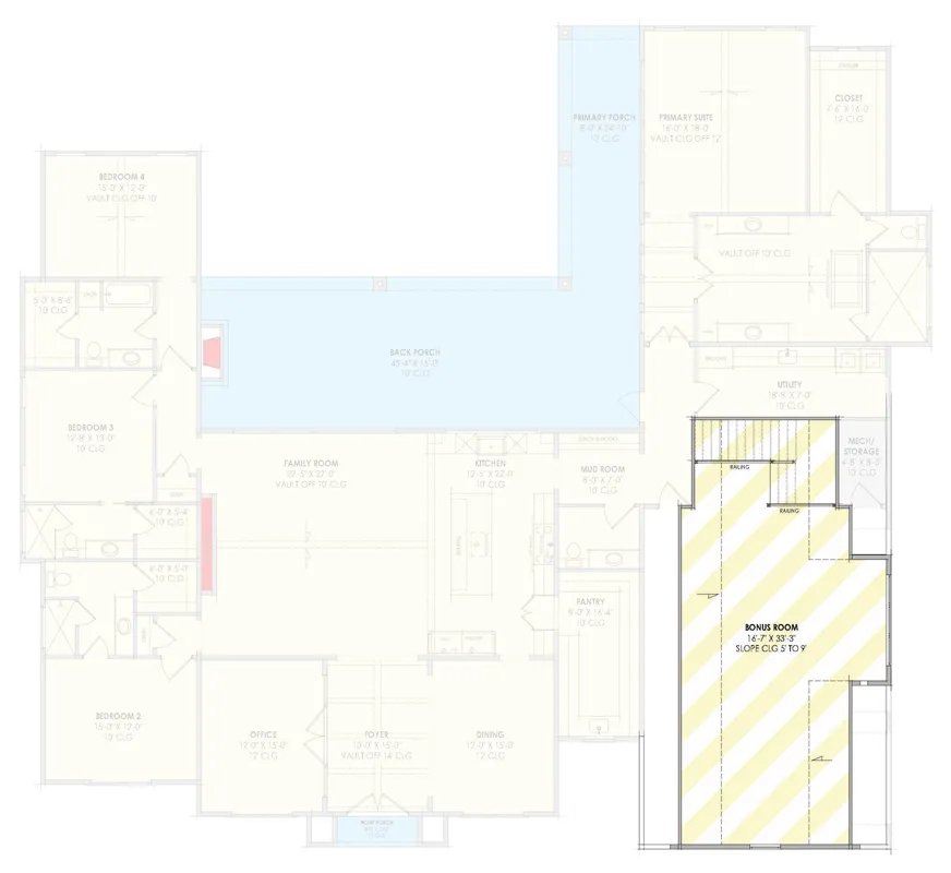 Bonus room floor plan of plan 818204JSS showing the 16 by 33 foot room over the garage with a sloped ceiling from 5 to 9 feet and its stair