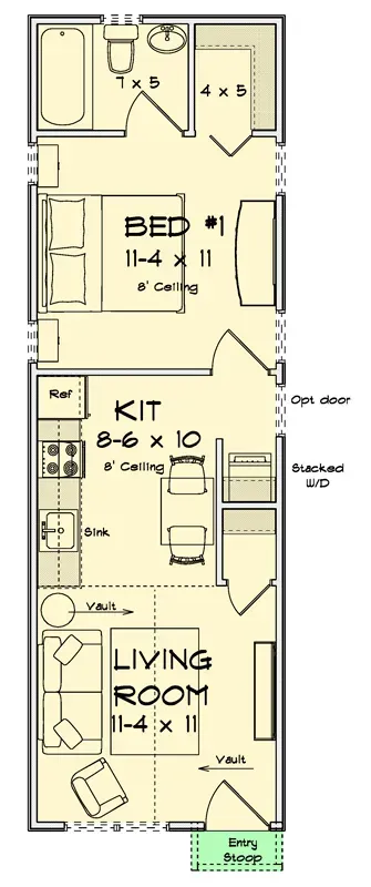 Plan 52530WM main level floor plan showing a 462 sq ft one-bedroom cottage approximately 11 feet 4 inches wide with vaulted front living room linear kitchen rear bedroom suite 7 by 5 bathroom 4 by 5 closet and stacked laundry niche