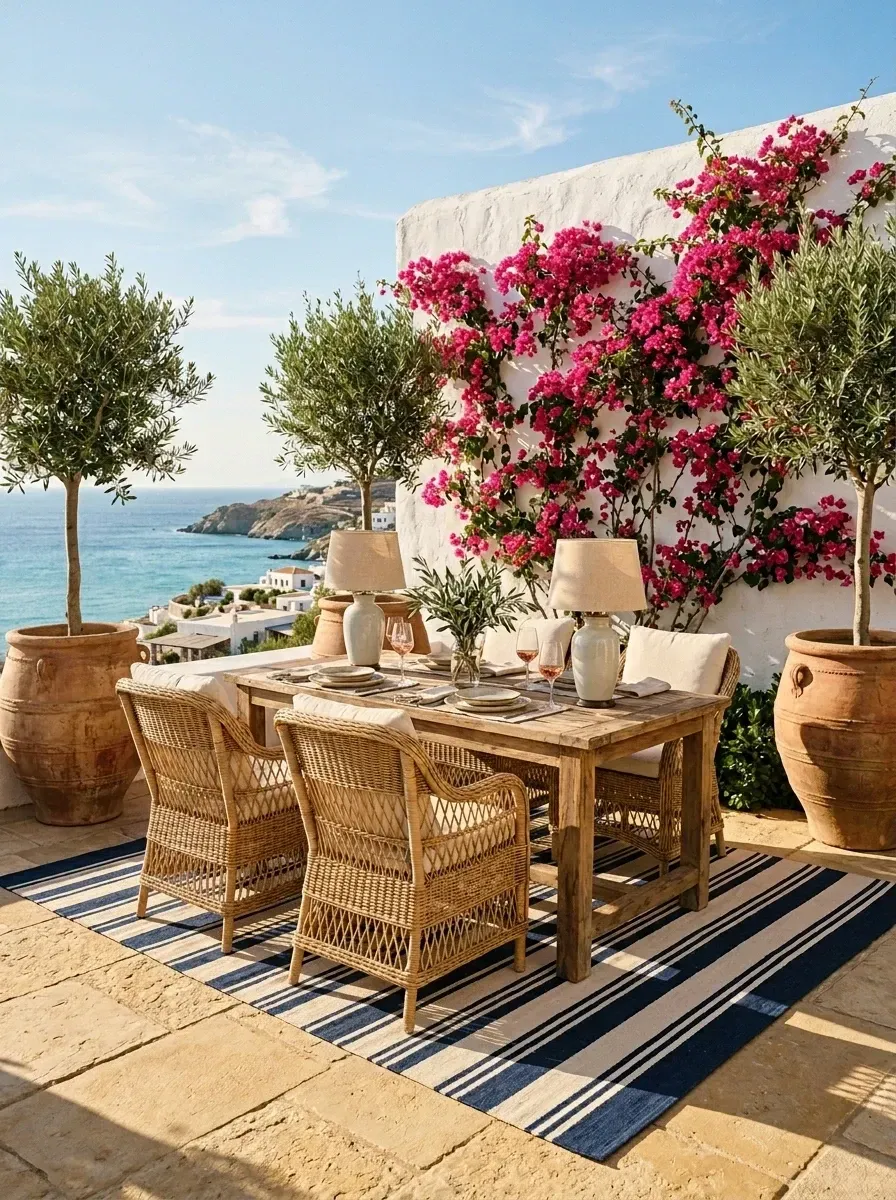 Mediterranean terrace dining room with reclaimed teak rectangular table, woven rattan armchairs with linen cushions, oversized terracotta urn planters, navy and white striped flatweave outdoor rug, whitewashed stucco privacy wall, ceramic outdoor table lamps, and natural limestone terrace flooring overlooking the ocean