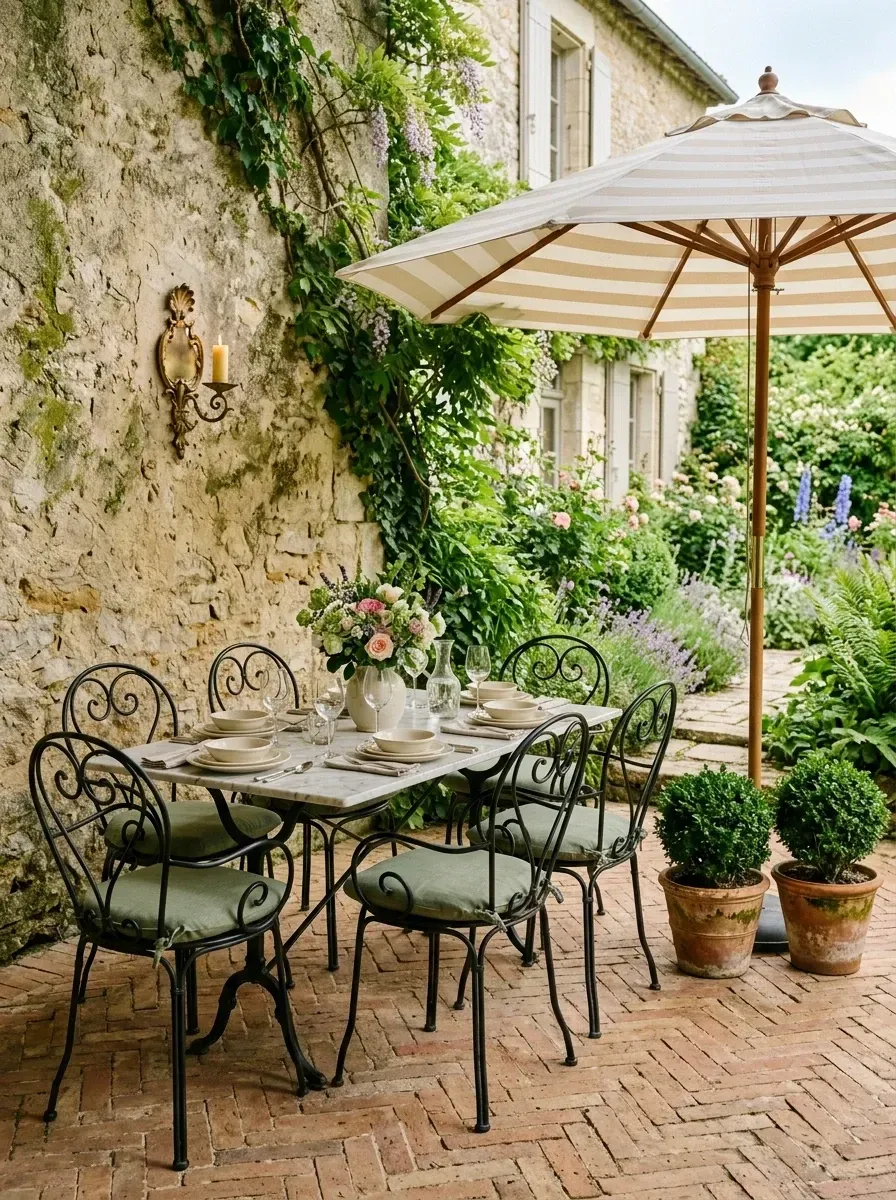 French country garden patio with aged limestone house facade covered in climbing ivy, herringbone clay brick patio flooring, wrought iron dining set with scrollwork and marble top, sage green Sunbrella seat cushions, blue and white striped canvas market umbrella, antique brass candle wall sconce, weathered terracotta boxwood planters, and fresh floral table arrangement