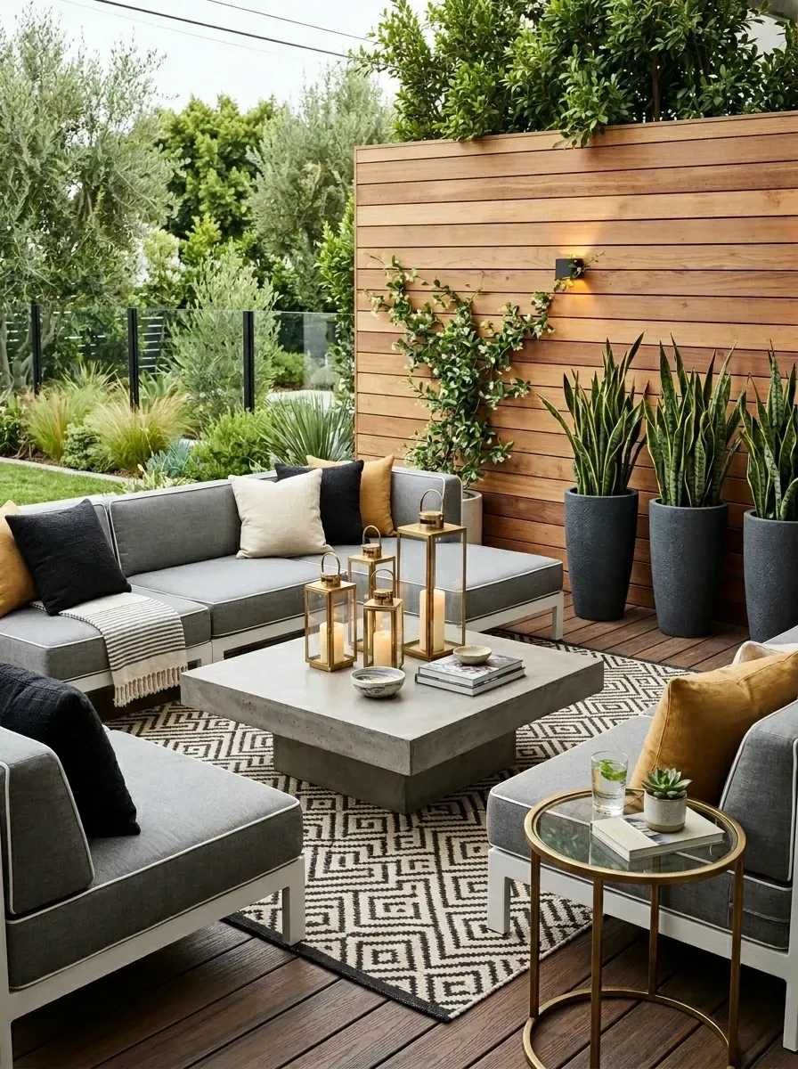 Modern outdoor deck lounge with horizontal cedar slat privacy wall, L-shaped charcoal aluminum sectional with grey performance cushions, monolithic cast concrete coffee table, brass outdoor lanterns, black and white geometric outdoor rug, tall cylindrical planters with snake plants, and dark composite decking