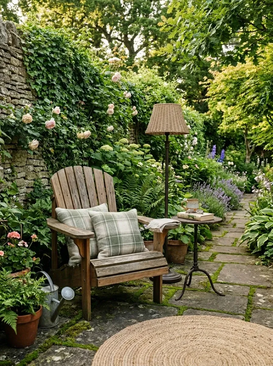 English cottage garden reading nook with weathered teak Adirondack chair, plaid outdoor throw pillows, wicker outdoor floor lamp with wrought iron base, cast iron bistro side table, natural jute round rug, dry-stacked limestone wall with climbing pink roses, moss-jointed stone pavers, and aged terracotta pots