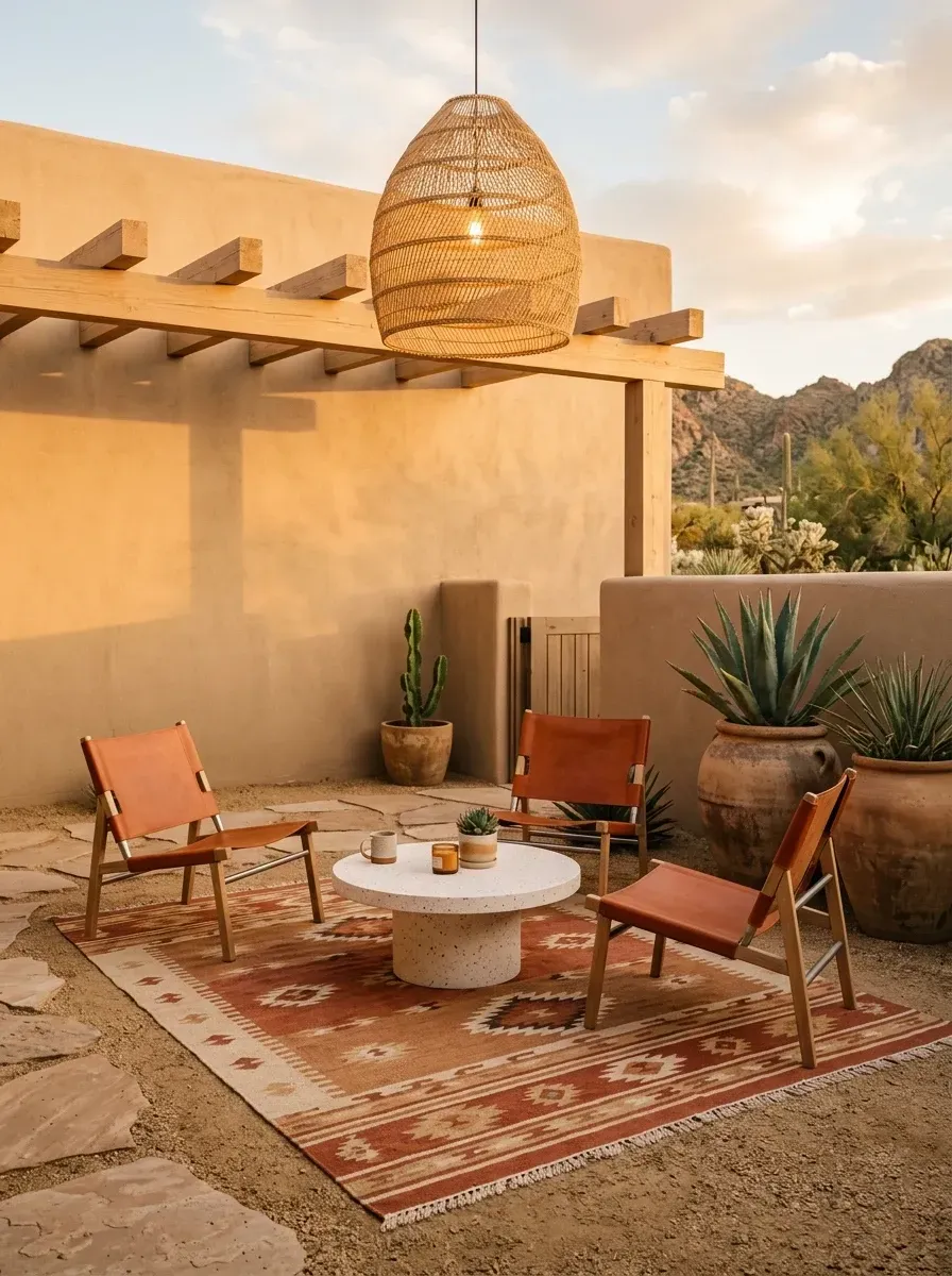 Southwest desert courtyard with adobe stucco perimeter walls, exposed cedar pergola beams, oversized woven rattan pendant light, teak and saddle leather sling chairs, terrazzo drum coffee table, Southwestern kilim outdoor rug, large terracotta planters with agave, and decomposed granite and flagstone patio base