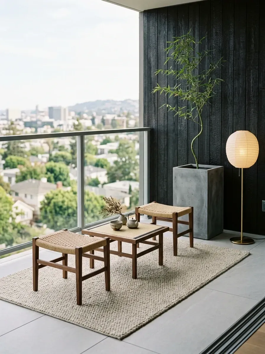 Minimalist Japanese-inspired city balcony with charred shou sugi ban accent wall, frameless glass balcony railing, walnut and woven rush stools, low solid walnut coffee table, tall rectangular concrete planter with bamboo, rice paper globe floor lamp, and large-format porcelain floor tiles