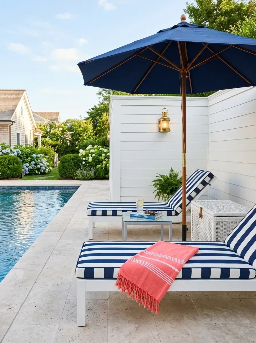 Nautical poolside lounge with white aluminum chaise lounges, navy and white Sunbrella striped cushions, navy market umbrella with brass fittings, white horizontal board privacy screen, white wicker storage trunk, brass nautical wall sconce, glass-top outdoor side table, and travertine pool deck pavers