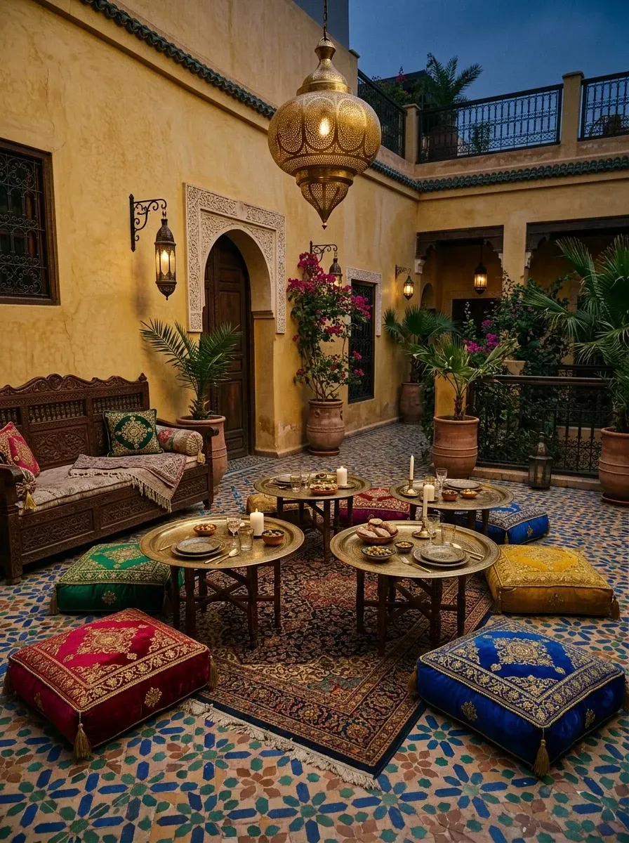 Moroccan riad courtyard lounge with ochre tadelakt plaster walls, zellige mosaic tile flooring, hand-carved walnut daybed with embroidered cushions, hammered brass tray tables, silk floor cushions in jewel tones, pierced brass Moroccan pendant lantern, antique brass wall sconces, and vintage oriental wool rug