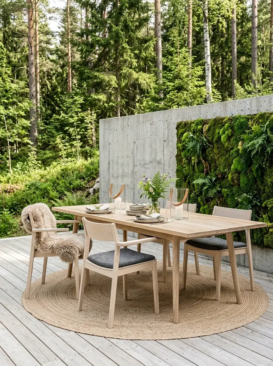 Scandinavian woodland dining deck with bleached cedar plank decking, board-formed concrete wall with integrated live moss insert, light oak extension dining table, oak dining chairs with charcoal Sunbrella cushions, genuine sheepskin throw, round braided jute rug, and glass hurricane candle holders