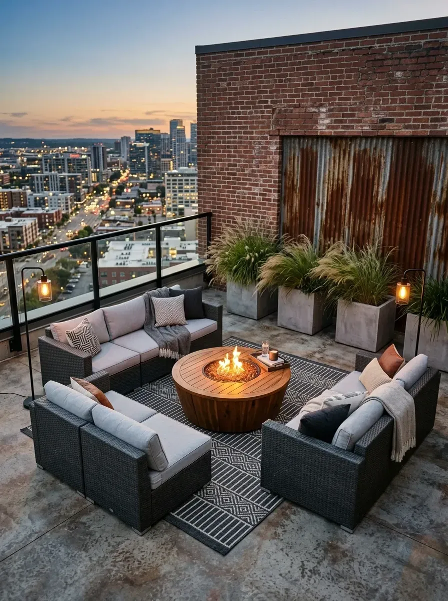 Urban rooftop fire pit lounge with exposed brick structural wall, corrugated Corten steel privacy partition, U-shaped charcoal woven resin sectional, round gas fire pit with teak base, black and white geometric outdoor rug, industrial cage Edison floor lamps, tall concrete planters with ornamental grasses, and stained concrete rooftop flooring