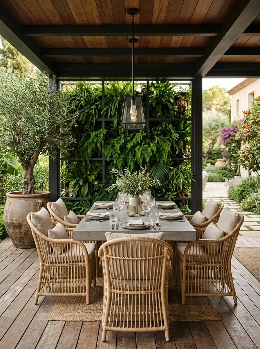 Modern alfresco dining with a steel-grid living wall, concrete table, and woven rattan chairs under a teak pergola