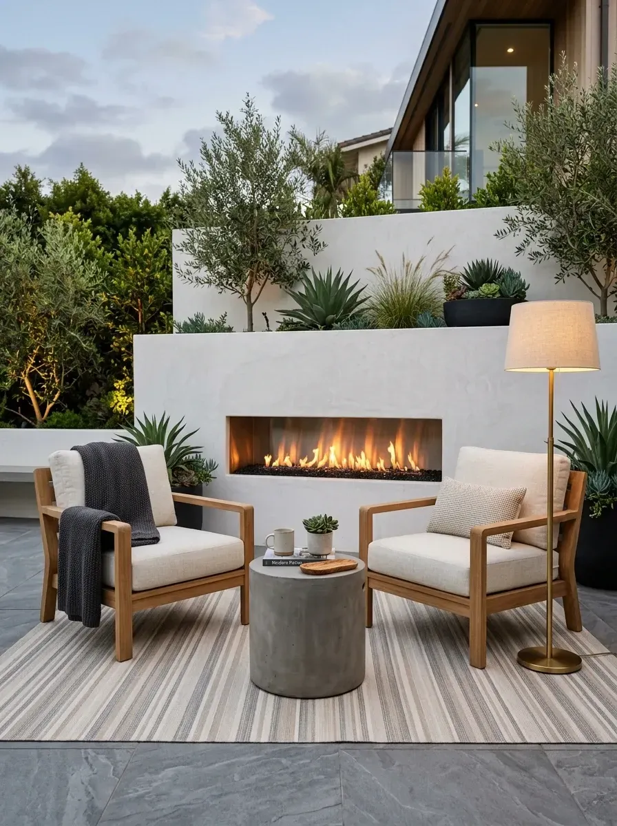 Contemporary outdoor fireplace lounge with linear gas fireplace, white stucco wall, teak armchairs, and tiered stucco planter walls