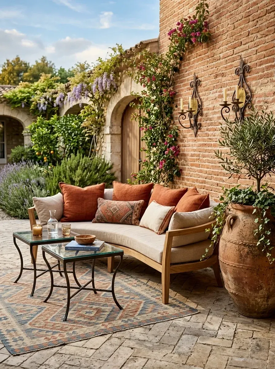 Mediterranean courtyard seating nook with curved teak sofa, rust kilim pillows, and herringbone stone paving